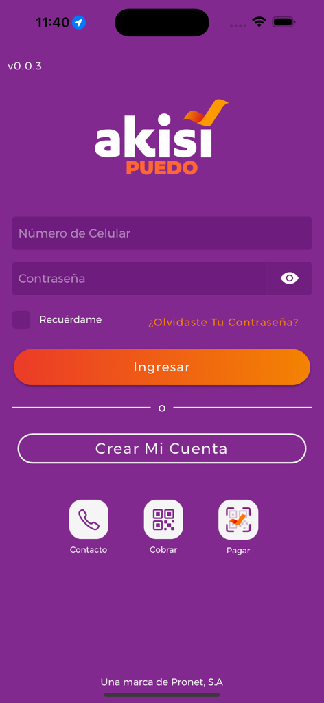 Akisi - Login screen of the Akisi digital wallet app with fields for phone number and password in Spanish
