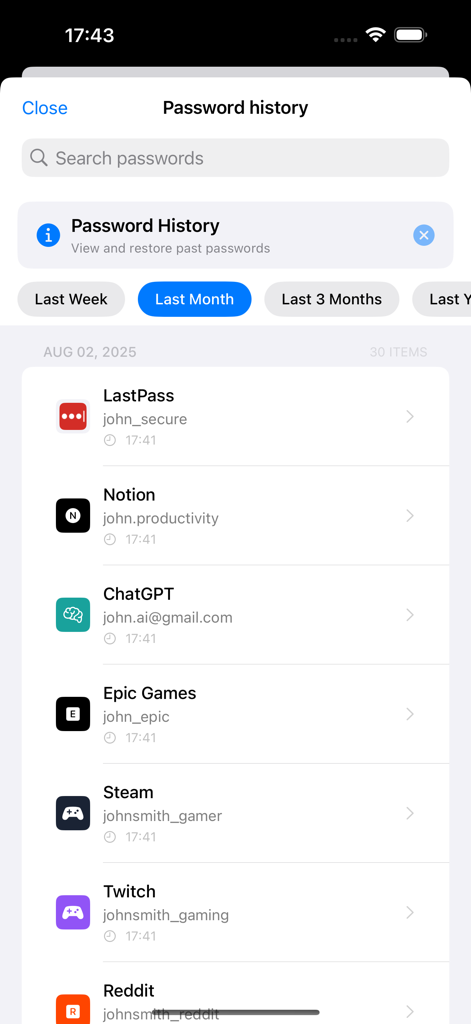 Password Manager Secure Vault - Pantalla de historial de contraseñas que muestra una lista cronológica de credenciales almacenadas para varias aplicaciones y servicios.
