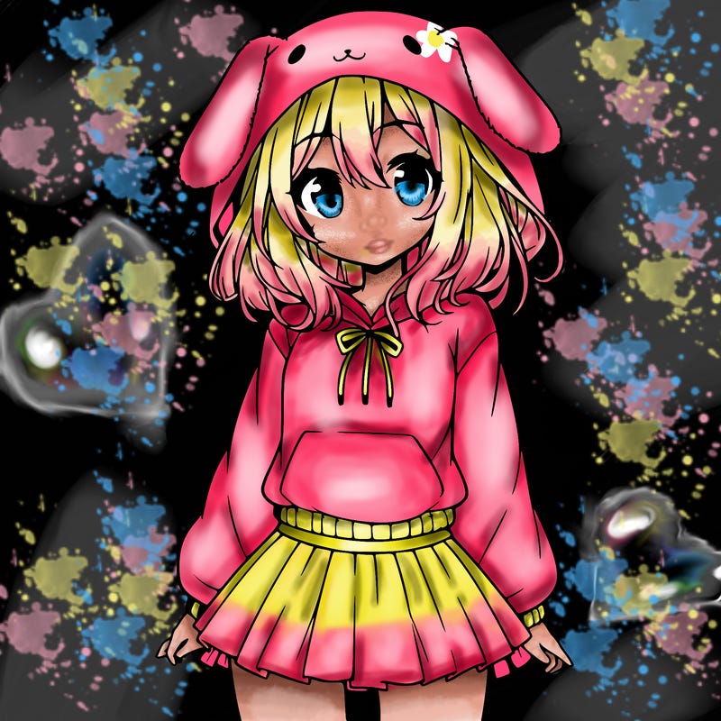 pretty anime girl wearing a fluffy hoodie with bunny ears on the hood and a skirt