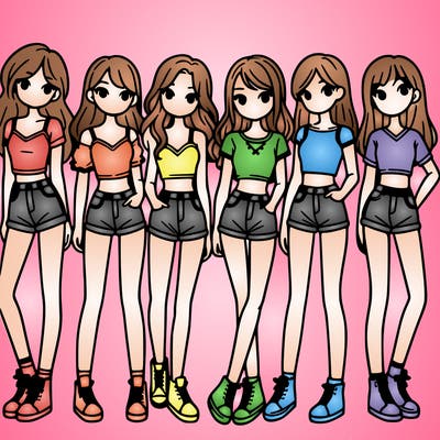 a group of girls wearing crop tops and shorts