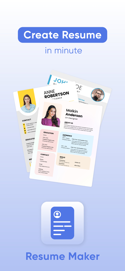 Resume Maker - CV Builder ۬ - Una muestra de plantillas de currículum profesionales y el ícono de la aplicación Creador de Currículums.