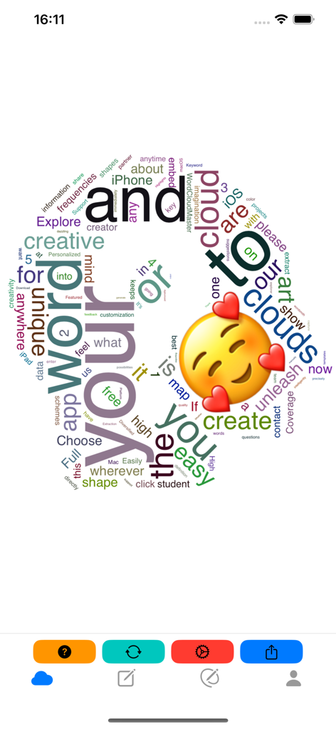 WordCloudMaster 앱 인터페이스 내에 웃는 하트 이모티콘이 있는 엄지 모양의 워드 클라우드