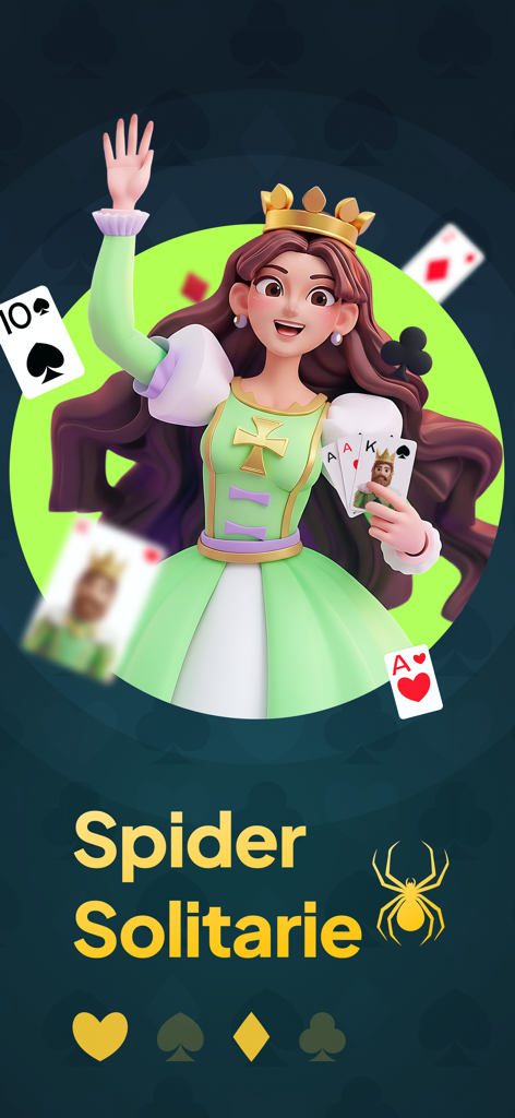 Cartoon queen character holding playing cards on the welcome screen of the Spider Solitaire app