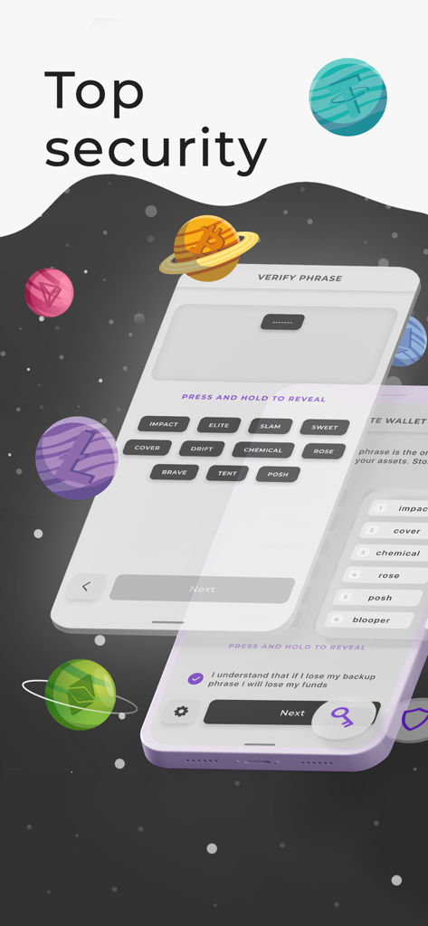 Trustee Wallet bitcoin wallet - Trustee Wallet app screen showing seed phrase verification and top security message
