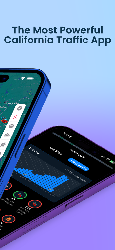 Traffic.AI - Capture d'écran de l'application Traffic.AI montrant les statistiques de trafic en direct et une carte interactive de la Californie.