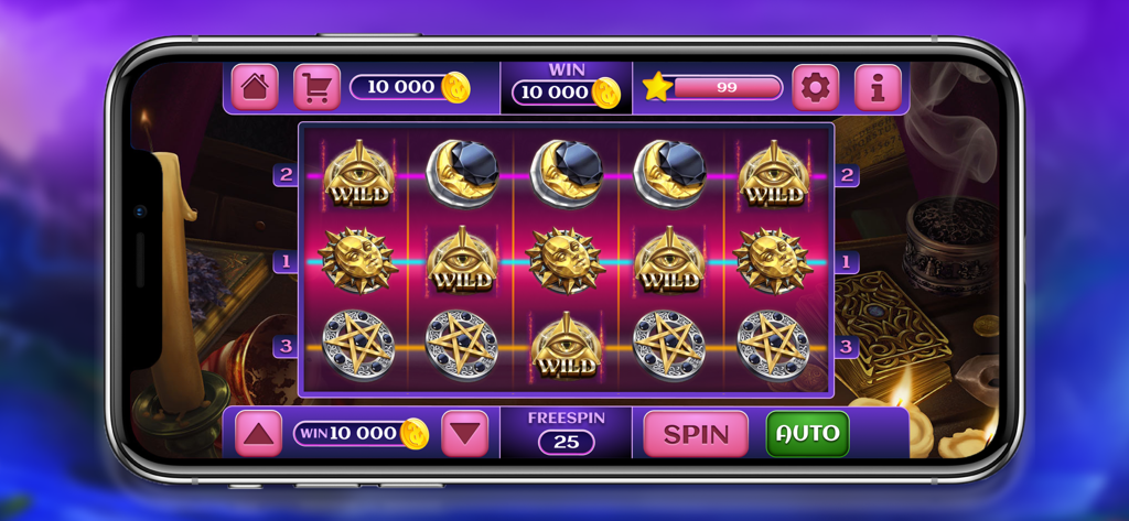 Sakura Slot: Lucky Magic Lady - Sakura Slot game interface with mystical symbols and coin bonuses displayed on an iPhone screen