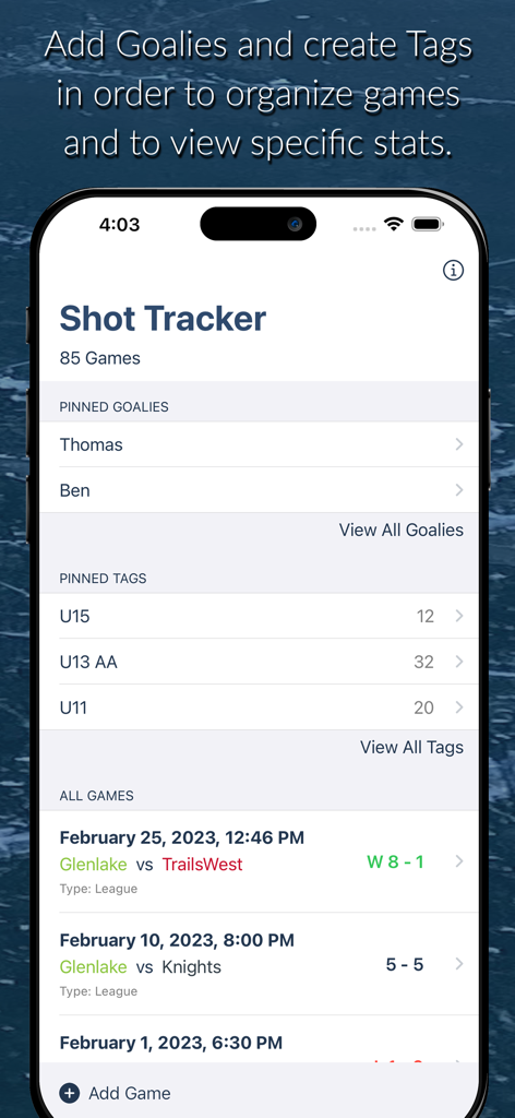 Dashboard of the Shot Tracker app showing goalie profiles and game history
