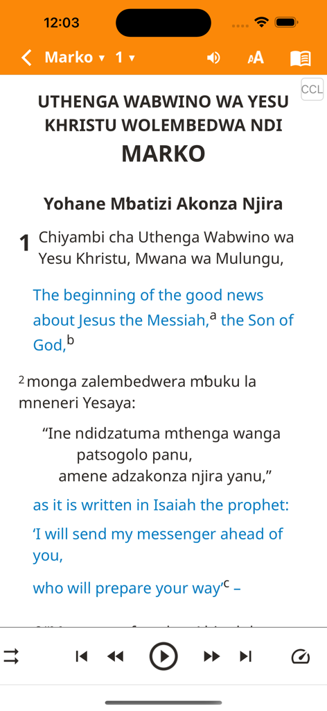 Chichewa Bible - Bilingual verse by verse view of the Chichewa Bible and English NIV translation with audio player controls