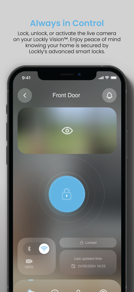 Lockly Home app interface showing front door remote lock status and live video camera monitoring
