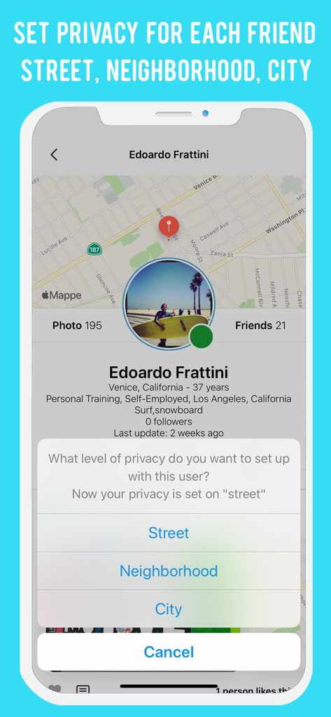 Interface showing granular privacy settings for sharing location by street neighborhood or city in the Sensory app