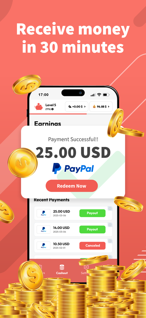 HeyPiggy: Daily Online Surveys - HeyPiggy mobile app screen showing a successful PayPal payment of 25 dollars and transaction history.