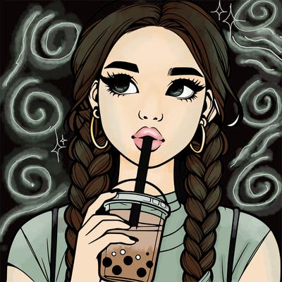 realistic girl with braided hair drinking boba