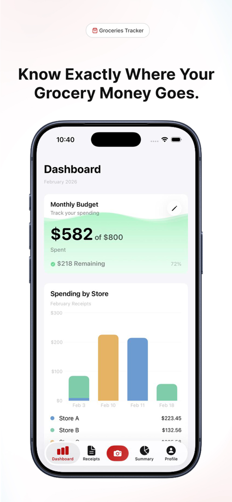 Groceries Tracker AI - Dashboard of Groceries Tracker AI app showing a monthly budget progress bar and spending by store bar charts