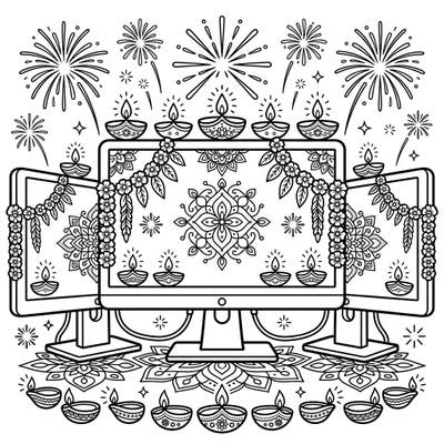 Experience the modern fusion of technology and tradition with this unique Diwali coloring page. Adorned with festive lights, intricate patterns, and dazzling fireworks, it's a perfect way to celebrate.