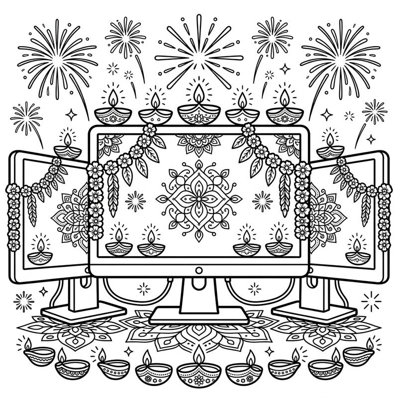 Experience the modern fusion of technology and tradition with this unique Diwali coloring page. Adorned with festive lights, intricate patterns, and dazzling fireworks, it's a perfect way to celebrate.
