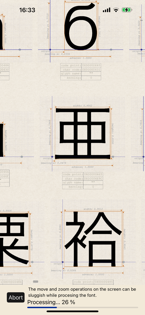 Font Visualizer Pro - Una vista técnica en Font Visualizer Pro que muestra métricas detalladas de glifos y códigos de caracteres para la inspección profesional de fuentes.
