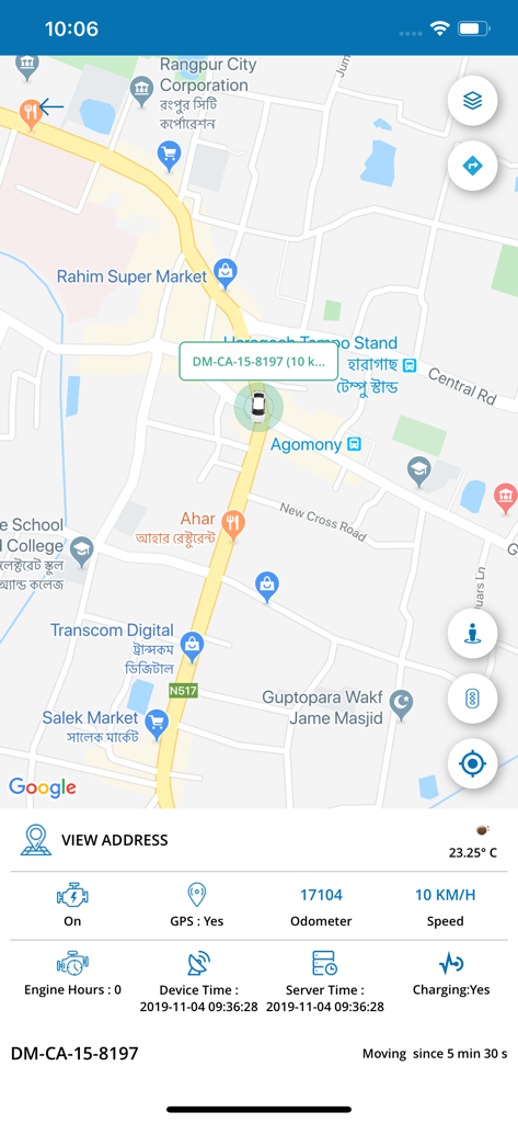 Easytrax GPS Tracking - Easytrax App-Dashboard mit Echtzeit-Fahrzeugstandort auf einer Karte und Motorstatus