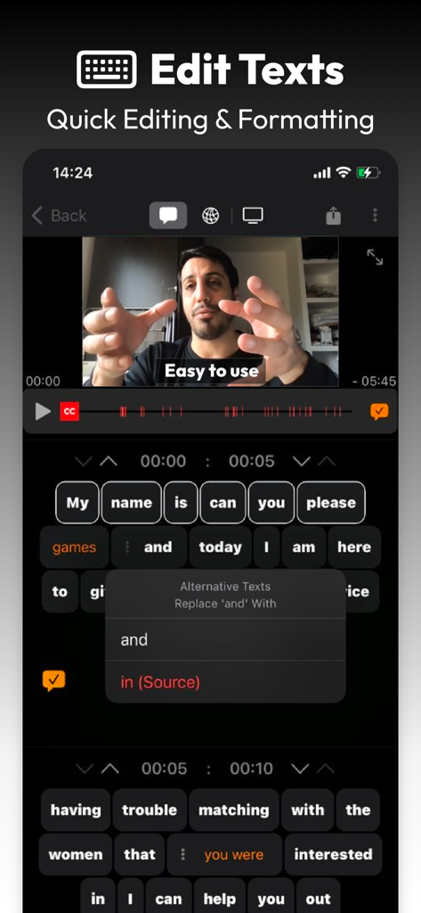 Mobile App-Oberfläche, die die Bearbeitung von Video-Untertiteln mit schneller Textformatierung und Vorschlägen für alternativen Text zeigt.
