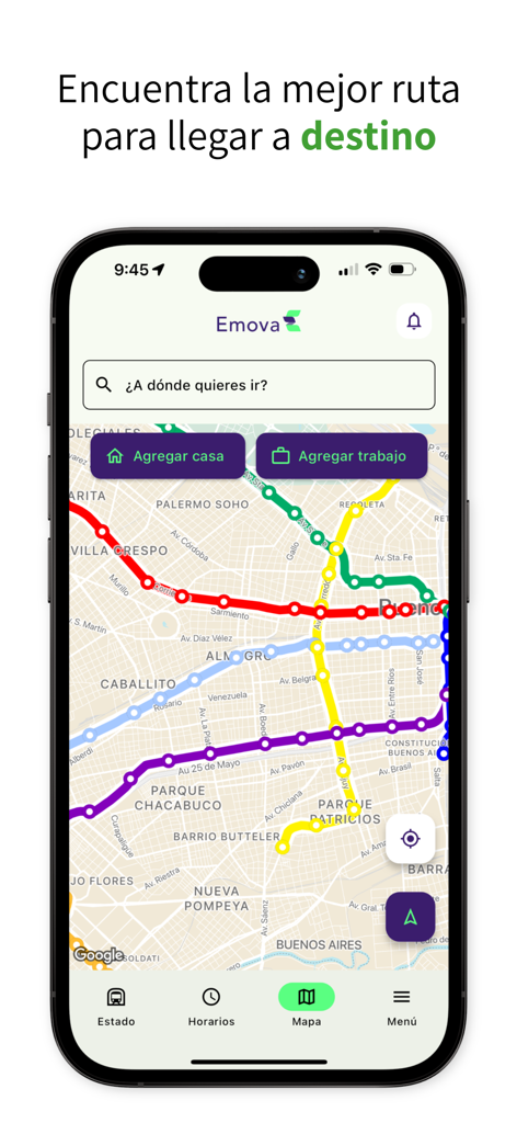 Emova - Emova mobile app screen showing public transit routes on a city map