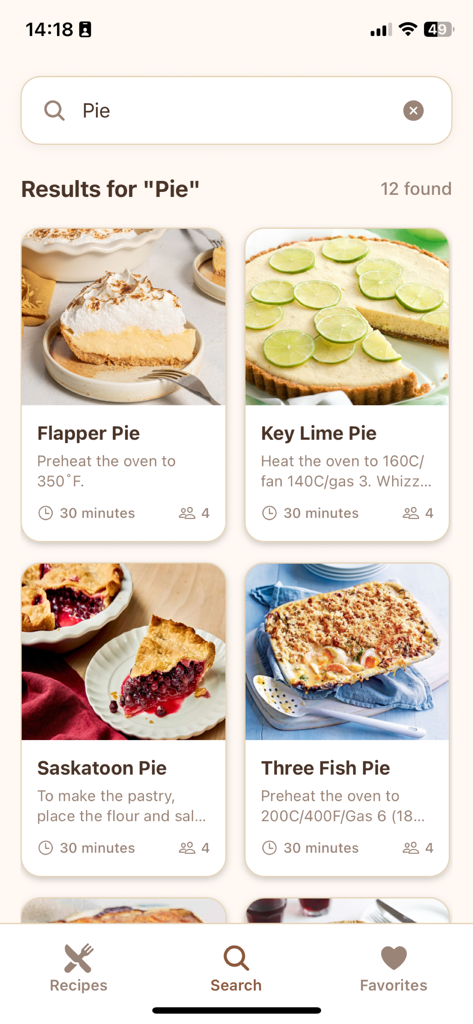Recipe Finder: Easy Cooking - 레시피 파인더 모바일 앱에서 파이 레시피 검색 결과