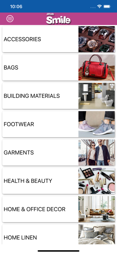 Ansar Smile Qatar app interface displaying various shopping categories including accessories bags footwear and home decor