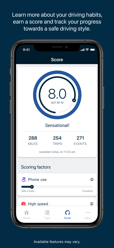 Un écran mobile de l'application DynamicDrive montrant un score de conduite de 8,0 sur 10 avec le kilométrage et les statistiques de trajet