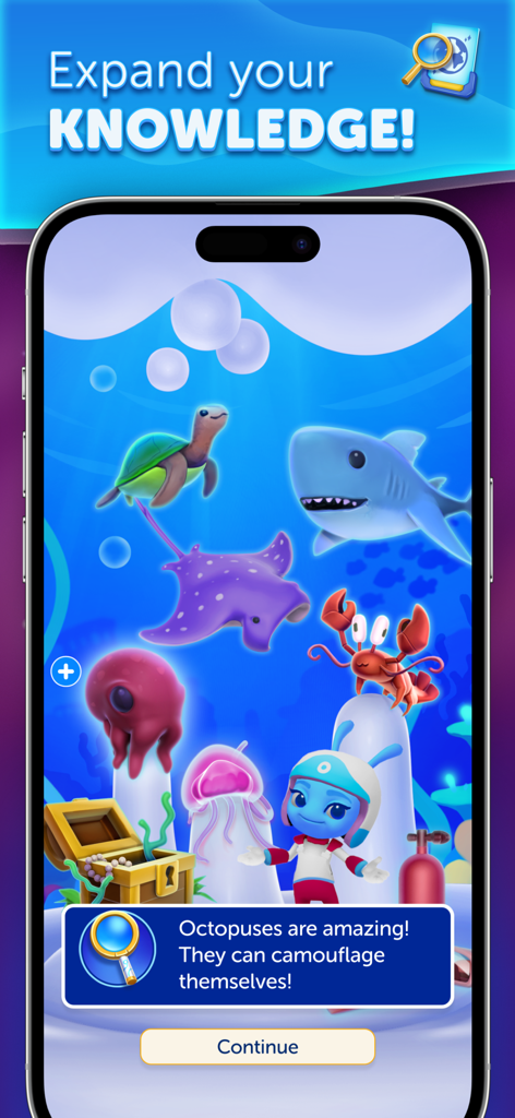 LunaCross-Spielbildschirm mit Meerestieren und einem lustigen Fakt über Kraken.