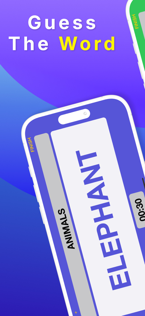 Heads Up 7 Up - Heads Up 7 Up Mobile-App-Gameplay, das eine Pantomime-Karte mit dem Wort Elefant und einen Countdown-Timer zeigt