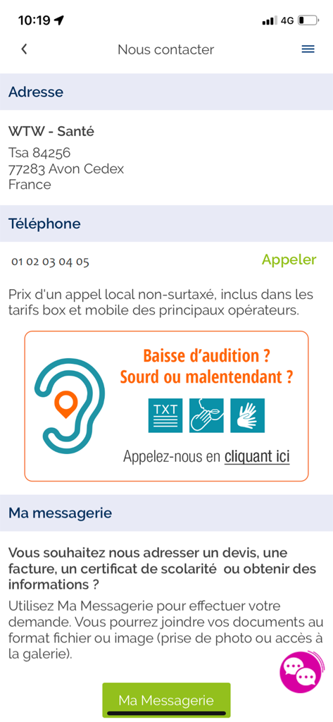Santé WTW - Écran de contact de l'application Santé WTW affichant l'assistance téléphonique et les options d'accessibilité pour les utilisateurs malentendants.