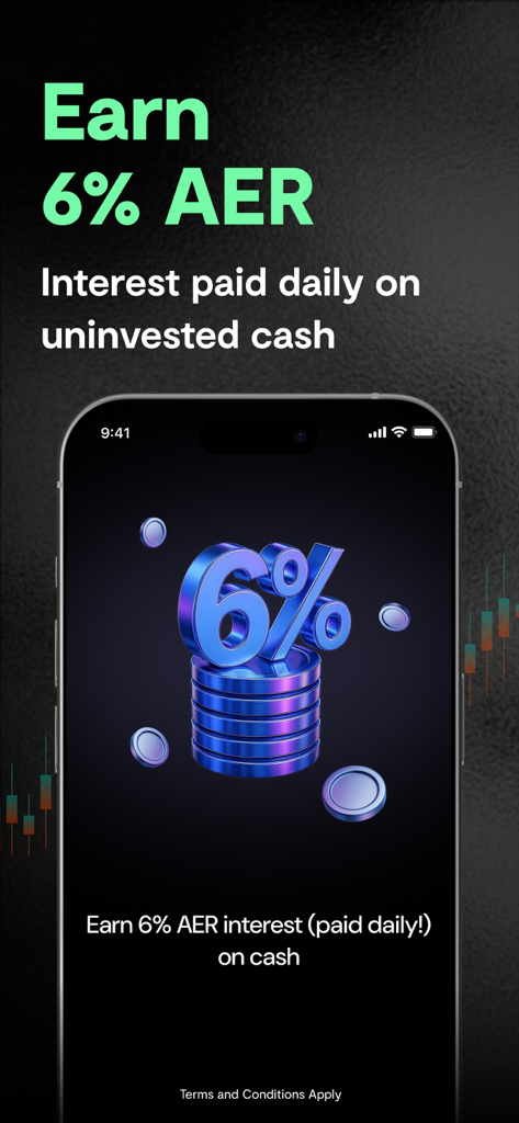 Invest & Trade : Nemo Money - Nemo Money app screen promoting 6 percent AER interest paid daily on uninvested cash.