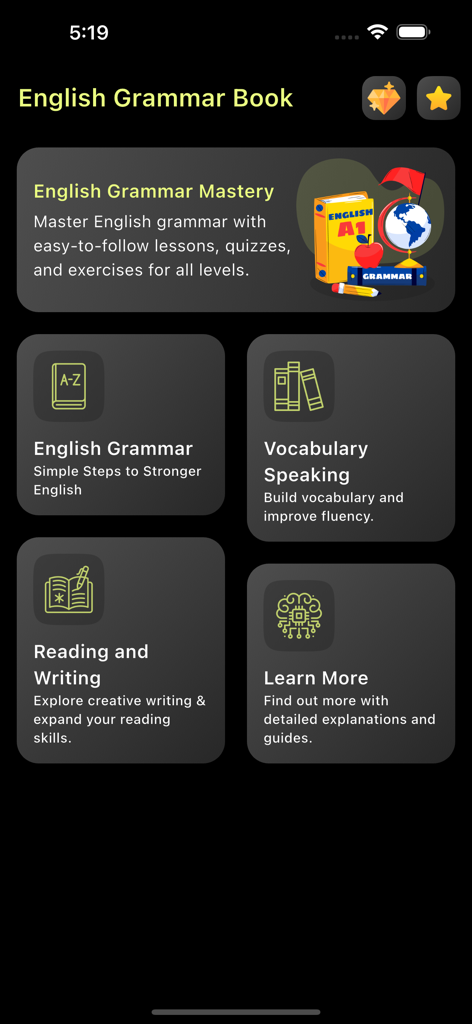 English Grammar Book - Dashboard of the English Grammar Book app showing categories for grammar, vocabulary, speaking, and writing.