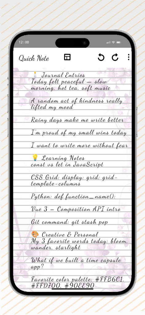 Quick Note App-Oberfläche, die eine Ein-Seiten-Notiz mit kursivem Text anzeigt.