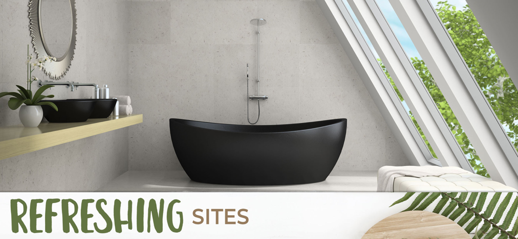 My Home Makeover Design: Words - Modernes Badezimmer-Interieur mit einer schwarzen freistehenden Badewanne und zwei schwarzen Waschbecken unter einem großen Dachfenster