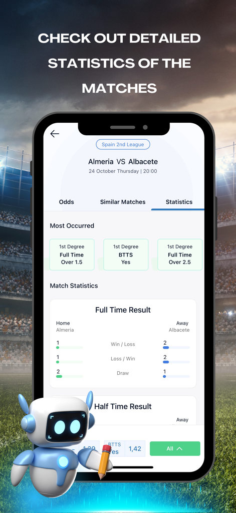 Mobile App-Oberfläche, die detaillierte Spielstatistiken und Gewinnwahrscheinlichkeiten für ein Fußballspiel anzeigt
