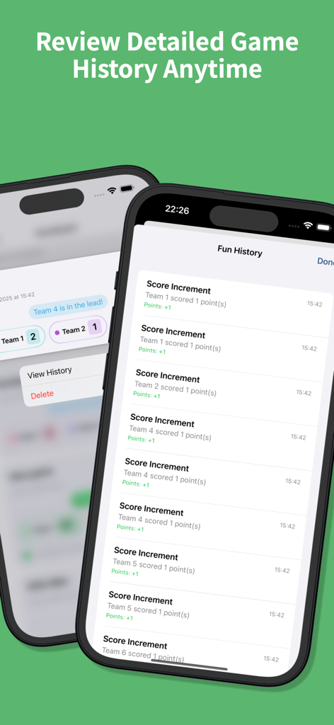 ScoreBoard - Score keeper + - A detailed chronological history log showing point increments and timestamps for multiple teams in the ScoreBoard app.