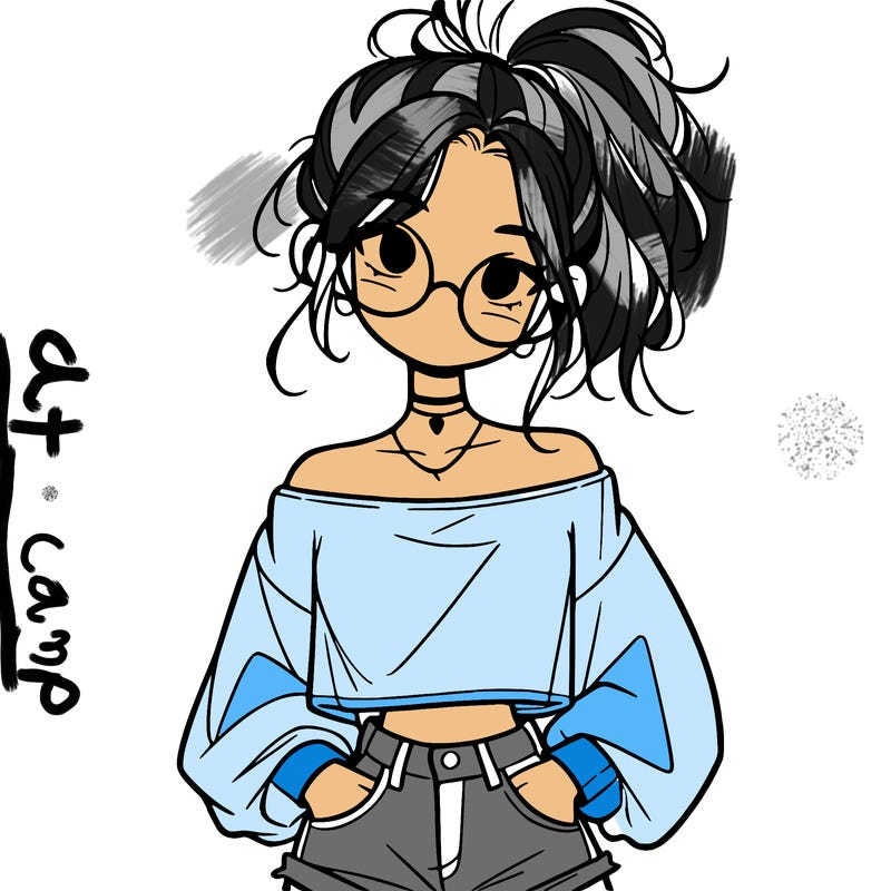 girl with a messy ponytail glasses a baggy crop top and jean shorts