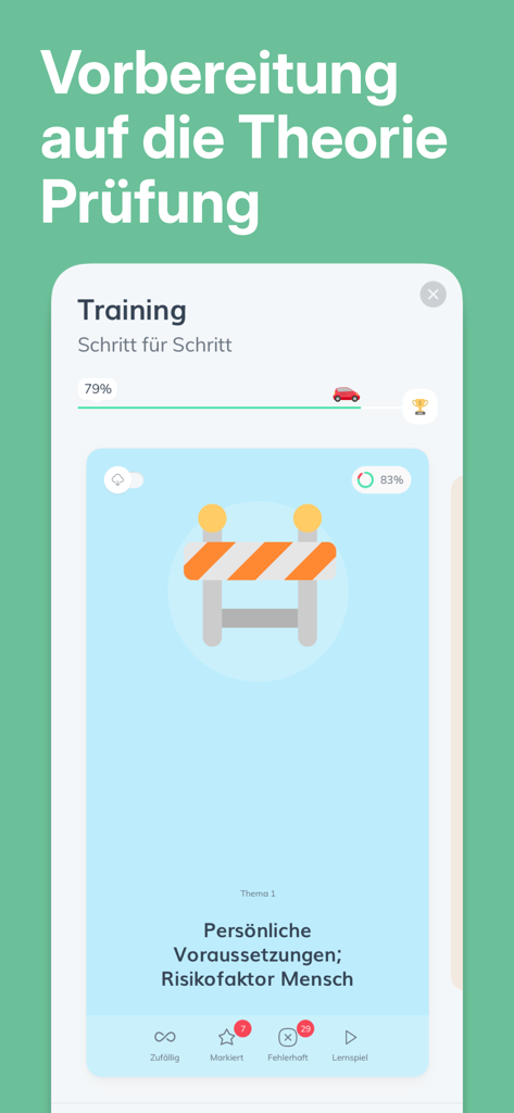 Führerschein ClickClickDrive - Una pantalla de smartphone que muestra la interfaz de preparación del examen teórico para una licencia de conducir alemana.