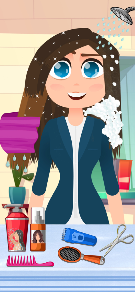 A cartoon character getting her hair washed in a virtual salon with hair styling tools