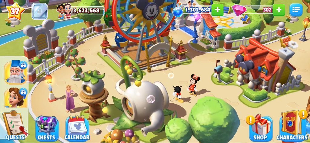 Disney Magic Kingdoms - Gameplay-Bildschirm von Disney Magic Kingdoms, der Minnie Maus und Oswald in einem individuell gestalteten Freizeitpark mit Attraktionen zeigt