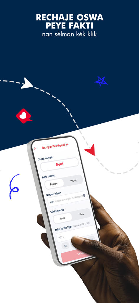 Interface de l'application MonCash sur un smartphone montrant l'écran de recharge mobile et de paiement de factures pour les utilisateurs Digicel
