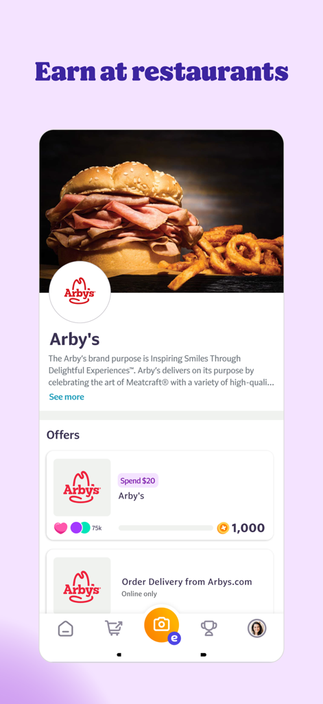 Fetch: America’s Rewards App - Schermata dell'app Fetch che mostra i premi del ristorante Arby's e le offerte di punti