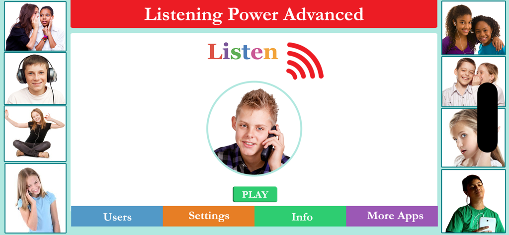 Home screen of the Listening Power Advanced app featuring a play button and images of students practicing auditory skills