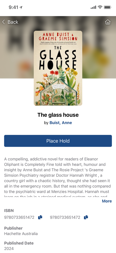 Toowoomba Region Libraries mobile app showing book details for The Glass House with a Place Hold button