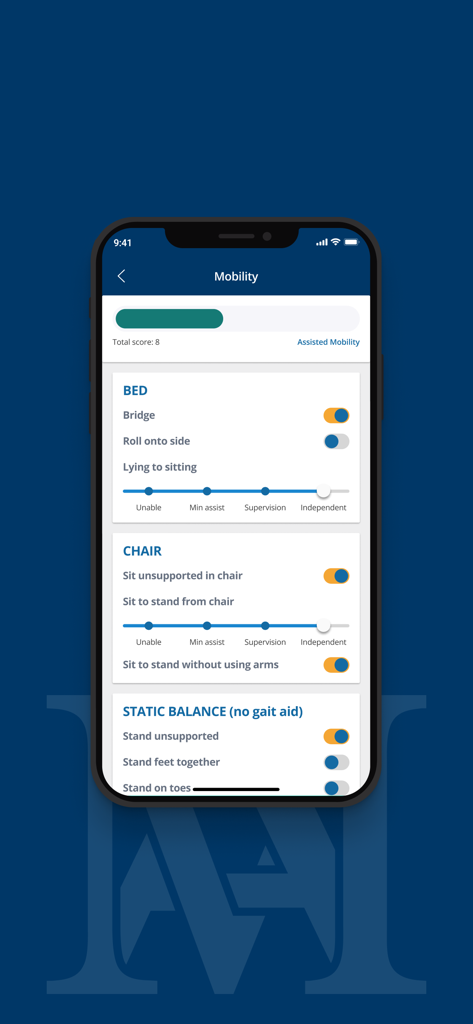 Mirus AN-ACC Calculator - Interface of the Mirus AN-ACC Calculator app showing mobility assessment criteria for bed, chair, and static balance with sliders and toggle switches.