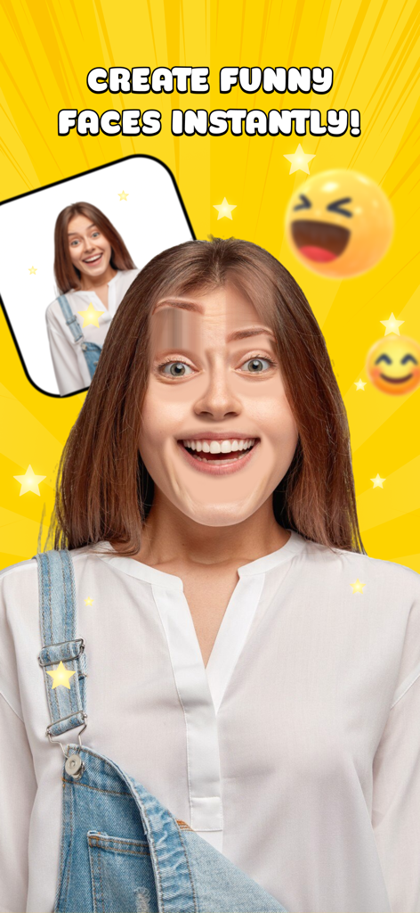 Funny Face Mashup Challenge - Mujer joven usando un filtro de distorsión facial para crear una imagen divertida de mezcla con emojis