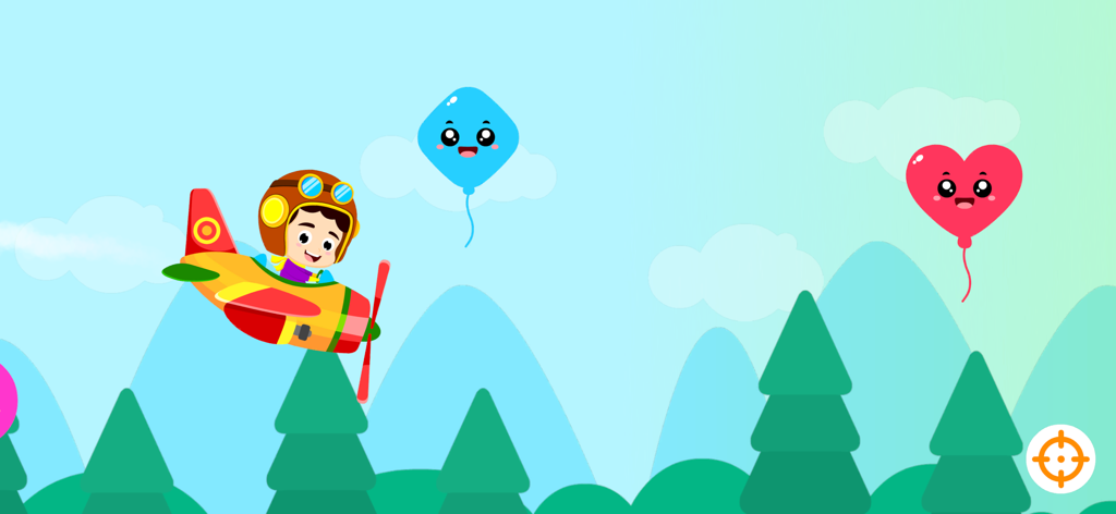 Kids Airplane: Learn ABC & 123 - A cartoon child flying a small airplane over a forest with heart and diamond shape balloons