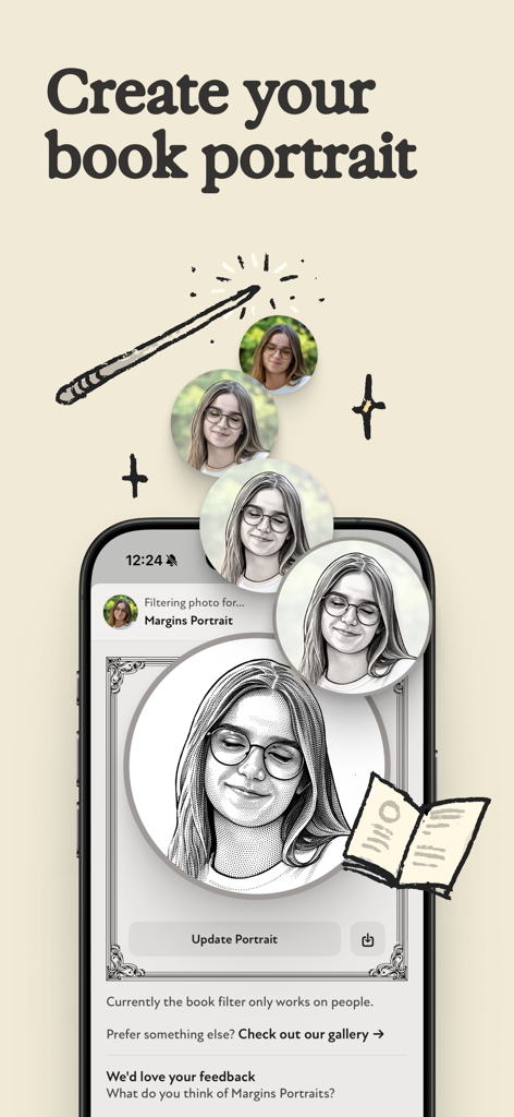 Margins: Book Tracker - Oberfläche der Margins-App, die die Funktion "Erstellen Sie Ihr Buch-Porträt" mit einem Skizzenfilter zeigt