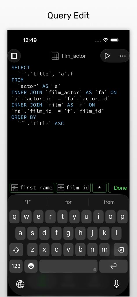 Navicat for MySQL - SQL query editor in Navicat for MySQL showing syntax highlighting and code suggestions on a mobile interface