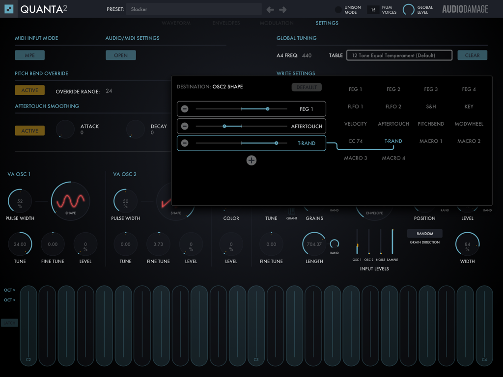 Interface of the Quanta 2 granular synthesizer showing modulation settings and oscillator controls