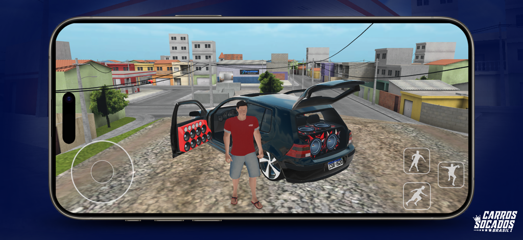Carros Socados Brasil - Gameplay von Carros Socados Brasil, das eine Figur neben einem angepassten Auto mit einem großen Soundsystem im Kofferraum zeigt.